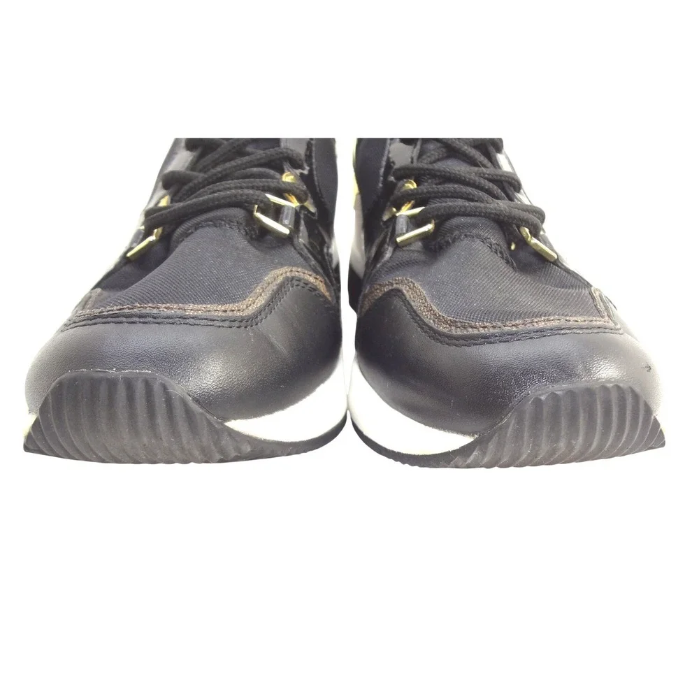 Michael Kors Women's 7M Liv Mixed Media Trainer Black Wedge Sneakers Gold Accent